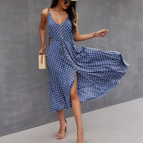 Dresses & Skirts - Button down Drawstring Waist Polka Dot Cami Dress